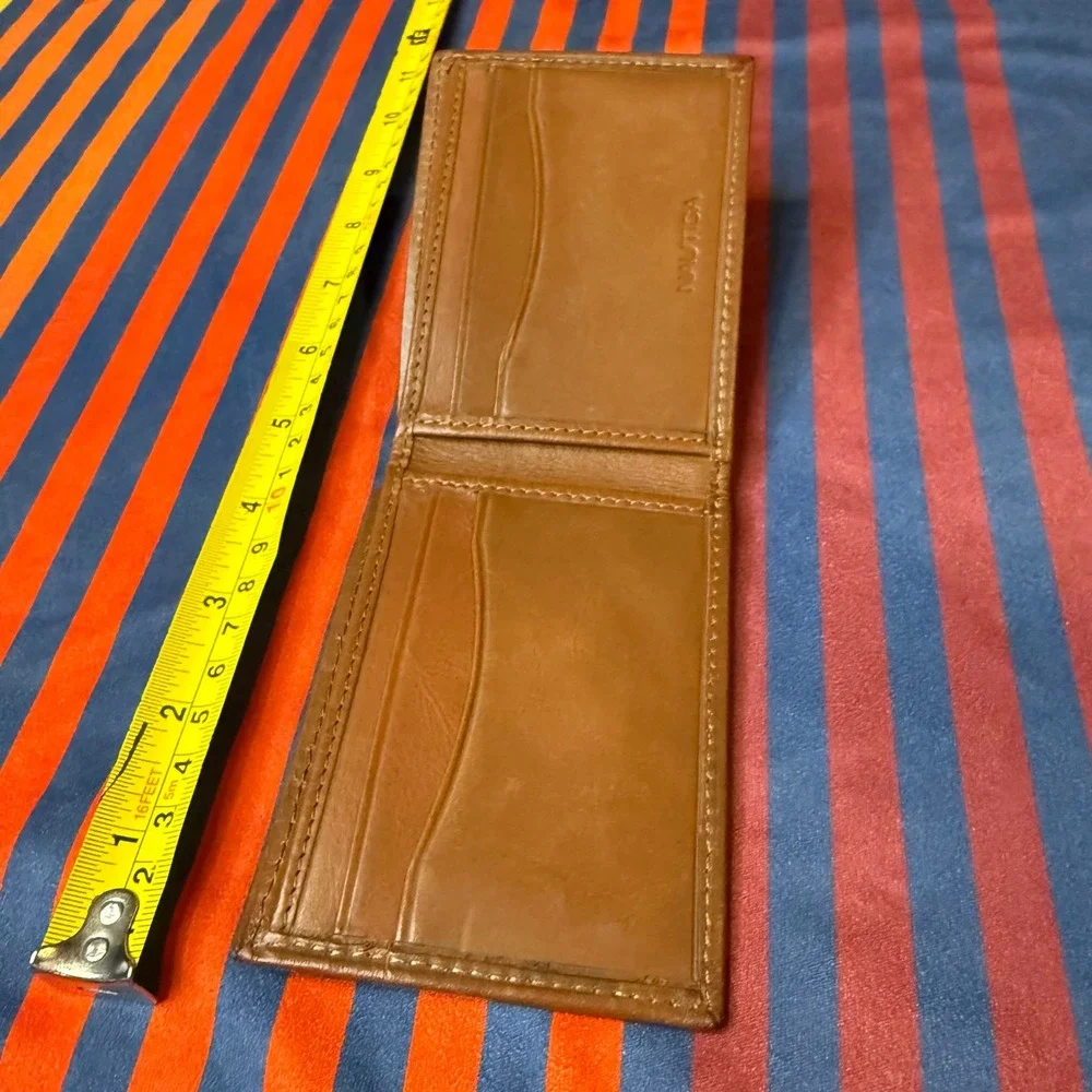 Nautica Mens Bifold Wallet Gray Canvas Brown Leather Trim Card Billfold